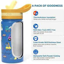 2 Pack Insulated Kids Water Bottle,  14oz Stainless Steel Water Bottles With  Straw Lid, -FREE Lead-Free Double Wall Leak Proof Drink Cups Flask For School (Blue Car +Blue Dinosaur) - Blue Car - 查看 2