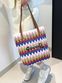 New Straw Woven Bag Women Large Capacity Shopping Tote Bag Striped Letter Beach Bag Embroidery Vacation Lightweight Oversized Bag