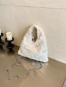 1pc High-Quality Ivory Sequin Shining Minimalist Small Handbag, Elegant Evening Clutch Bag For Women, Suitable For Date, Dance, Banquet, Party , Sequin - Beige - View 4