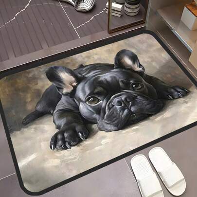 1pc French Bulldog Cute Dog Floor Rug, Non-Slip Bath Mat, Super Absorbent Washable Polyester Carpet, Suitable For Bedroom, Living Room Entrance, Pet Mat, Pet Bed, Kitchen Entrance Anti-Slip And Moisture Proof Mat