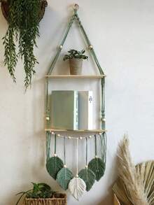 1pc Handmade Woven Wall Hanging Shelf, Bohemian Style Woven Leaf Decor, Wooden Floating Shelf, Suitable For Bathroom, Bedroom, Living Room Or Room Decor, No Clips Included, Home Decor, Room Decor, Wall Decor Gift, Birthday Graduation Gift - Green - View 14