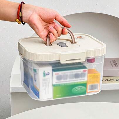 1 件透明塑料药品收纳盒带储物托盘，多功能便携式大容量药品整理盒带手柄，密封防尘防潮药品容器，可堆叠空急救箱，适用于家庭