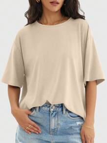 2 buc Tricouri de bază cu mânecă scurtă și guler rotund supradimensionat pentru femei, bluze de vară pentru antrenament