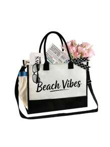 Bolso de mano y bolso, bolso de hombro, impreso con las letras "Beach Vibes", bolso de tarjetas, bolso de tela versátil y portátil para maestros, bolsa de tela para apreciar a los maestros, regalo para mujeres, bolso de almacenamiento casual y portátil, bolsa de compras multifuncional