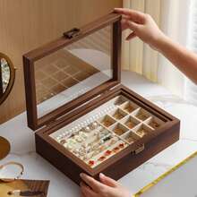 1pc Double Layer Vintage Wooden Jewelry Box, Flip Lid Clear Tabletop Organizer For Necklaces, Earrings, And Accessories, Fabric Lined, Multipurpose Rectangle Shape Single-Layer Storage Box For Women Storage Organizer Travel Essentials Back To School Dormitory Storage