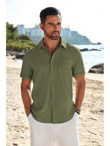Mens Casual Linen Shirt Short Sleeve Button Down Shirt Summer Beach Shirts With Pockethalloween - xanh quân đội - Xem 9
