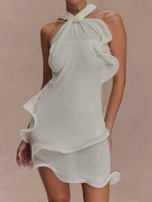 Women's Knitted Halter Mini Dress Sleeveless Solid Color Scarf Dress Ruffle Hem Dress - White - View 1