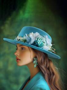 1pc Fashion Women's Wide Brim Hat Lake Blue Floral Embroidery Elegant Sun Hat Wedding Holiday Mother's Day Gift Beach Sun Hat