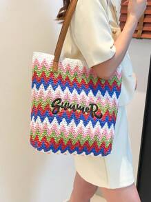 New Straw Woven Bag Women Large Capacity Shopping Tote Bag Striped Letter Beach Bag Embroidery Vacation Lightweight Oversized Bag