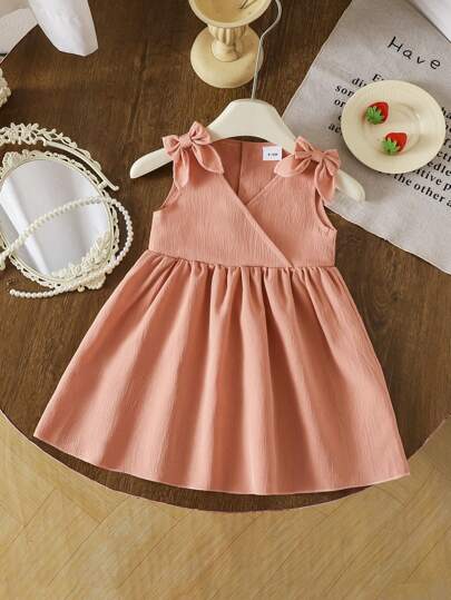 Baby Mädchen Frühlings- und Sommermode, einfarbiges Kleid mit Doppelschulter, Dreiecksausschnitt und Schleife, perfekt für Urlaub, Versammlungen, Partys und Alltagstragen