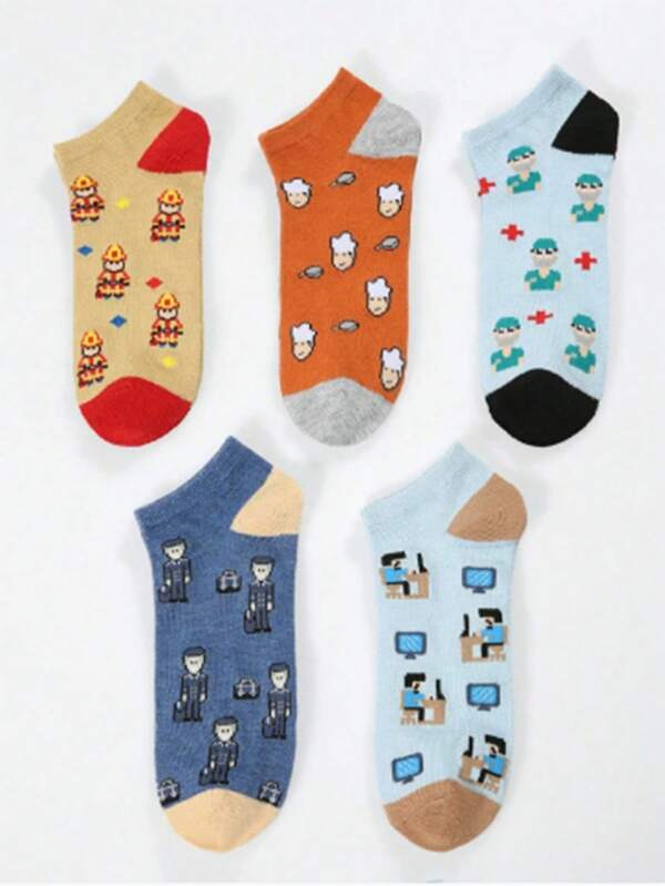 1/5 Pairs Personalized Cartoon Print Summer Thin Breathable Absorbing Sweat Pixel Casual Boat Socks, Professional Men Daily Anime Graphic Casual Short Socks