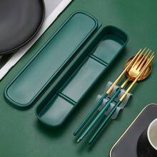 1 Pc Three Piece Set Of Rust Resistant And Drop Resistant Stainless Steel Tableware: Complete With Knives, Spoons, And Chopsticks, Suitable For Camping, Picnicking, Office Workers, And Student Parties - Green - View 5
