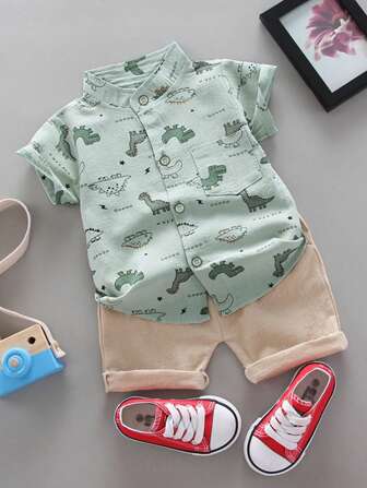 Toddler Cartoon Dinosaur All-Over Print Short Sleeve Stand Collar Shirt & Shorts Set, Summer
