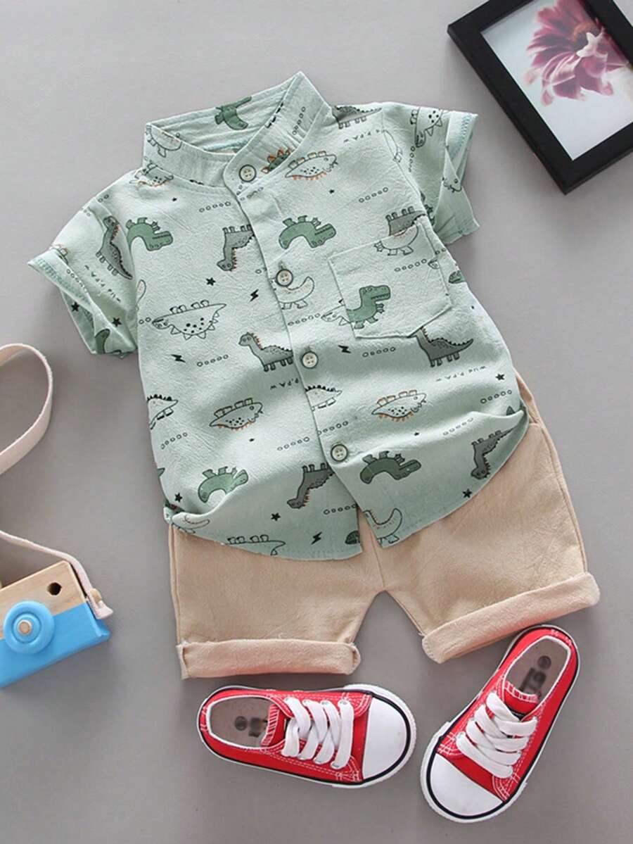Toddler Cartoon Dinosaur All-Over Print Short Sleeve Stand Collar Shirt & Shorts Set, Summer - Mint Green - View 1