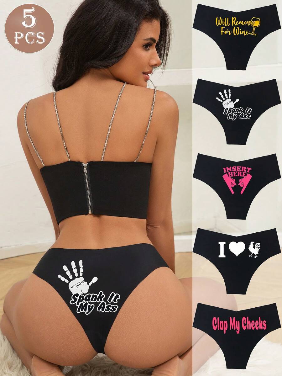 5 条装女式低腰性感柔软舒适内裤，俏皮印花，无缝一体式三角内裤，简约设计 - 黑色 - 查看 1