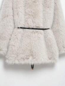 DEEKA New Autumn/Winter Faux Fur Trim Mid-Length Thick Warm Coat With Belt - Beige - View 12