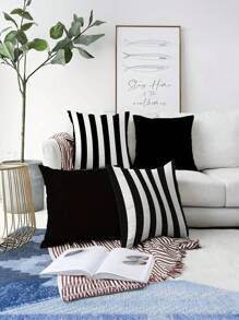 Capas de almofada contemporâneas listradas em preto e branco com fecho de zíper (1/2/4 peças) - Fronhas decorativas de poliéster laváveis à máquina, adequadas para sofá, cama, carro e decoração de casa - perfeitas para vários tipos de cômodos