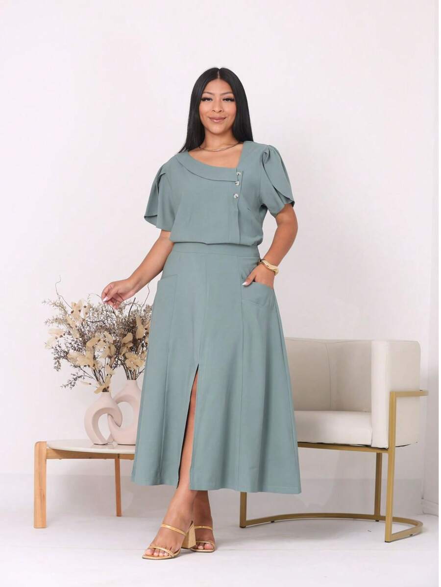 Set Of Midi A-Line Skirt With Pockets And Front Slit Short Blouse With Buttons Simple Casual Elegant Pocket Wedding Beach - Mint Green - View 1