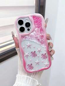 创意海龟和奶油波浪图案绘画防震硅胶手机壳，配手工串珠手链，适用于 XR/7/8、 15 Pro Max、13、14、11、12 Mini、P12