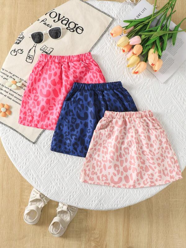 idolCat 3pcs/Set Young Girls Woven Leopard Print Fashion Skirt Style With T-Shirts And Tank Tops Suitable For Summer Daily Wear, Vacation, Outdoor And Party