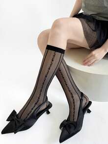 1 Pair French Vertical Striped Jacquard Sheer Lace Knee-High Stockings, Cozy Socks - Multicolor - View 3