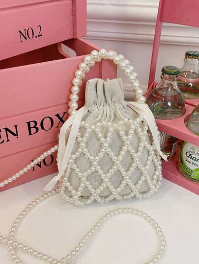 Handmade Pearls Embellished French Elegant Lady Top Handle Shoulder Bag, Summer Bucket Handbag