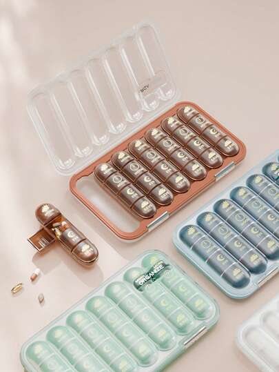 1pc 7-Day Weekly Portable Medicine Pill Organizer Box, Airtight Travel Size Compartment Organizer Container For Daily 3 Times Medication, Large Capacity