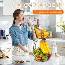 2 Tier Countertop Fruit & Vegetable Basket Bowl Organizer With Banana Hooks, Space Saving Multifunctional Kitchen Rack, Fruit, Vegetable, Bread, Snack Storage Decorative Hanging Shelf, Hangable Room Tree Hanging Metal Rack Decoration Hanger - 2層水果架+香蕉掛鉤 - 查看 6