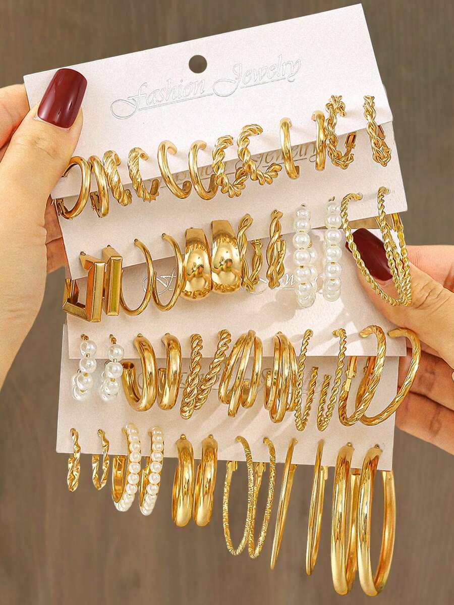 Bộ 48/12 khuyên tai thời trang thanh lịch cho nữ, phong cách Bohemian cổ điển bao gồm hình vuông hình học, hình chữ C xoắn, khuyên tai vòng ngọc trai giả, thích hợp để đeo thường ngày và làm đồ trang sức dự tiệc