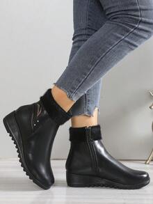 秋冬季保暖内衬踝靴，防滑妈妈鞋平底中跟短筒保暖黑色靴子 - 黑色 - 查看 7