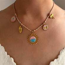 VKHK 1pc Boho Style 18K Gold Plated Stainless Steel Devil's Eye Sun Pendant Necklace, Suitable For Women Everyday Wear, Gift