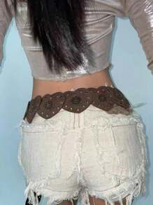 1 pieza Cinturón de cintura estilo vintage con patrón bohemio, decorado con remaches en forma de corazón, accesorio para uso diario y fiestas en otoño, Halloween