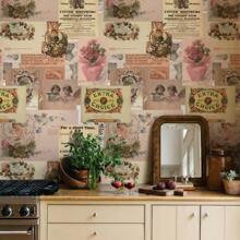 1 Roll Retro Greeting Card Newspaper Self-Adhesive Wallpaper, Newspaper Peel And Stick Wallpaper, Waterproof Living Room Kitchen Bedroom Dormitory Wallpaper, Furniture Refurbishment Wallpaper