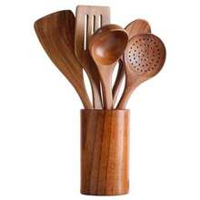 SHEIN X Heather Rae 5 Pieces Wooden Kitchen Utensil Set, Wooden Spoon For Cooking, Wooden Cooking Utensils, Natural Teak Wooden Spoon For Nonstick Pans