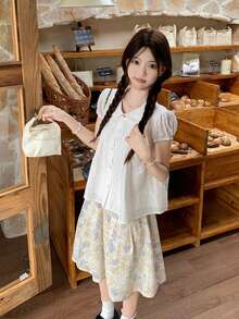 韩版彼得潘领短袖女式衬衫，甜美宽松上衣，精致小众夏季上衣 白色 - 白色 - 查看 8
