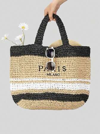 Retro Summer Seaside Vacation Beach Bag With Embroidered Letters And Contrasting Colors, Large Capacity Handbag, Hand Woven Straw Woven Shoulder Bag