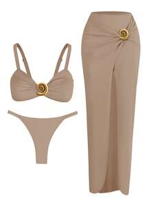 3 Pieces Bikini Set With Coverup Skirt Push Up Swimsuit 2025 Sexy Women Bathing Suits High Waist Beachwear Pink Beach Dress