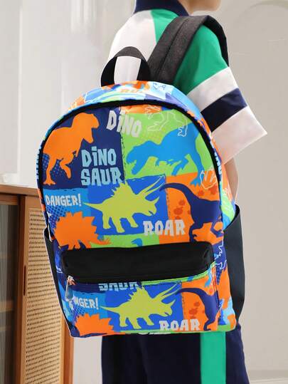 1pc Boys' Cartoon Colorful Backpack, Large Capacity Elementary School Backpack, Contrast Color Dinosaur Backpack, Boys' Outdoor Travel Rucksack