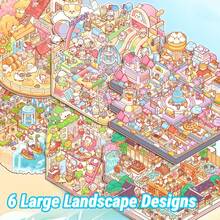 3 件 2.0 版 DIY 3D 房屋贴纸（含材料书），适合青少年成人的有趣 DIY 贴纸场景，丰富的 3D 空间贴纸和收纳螺旋笔记本，缓解压力，打发时间，学校用品，返校 - 彩色 - 查看 6