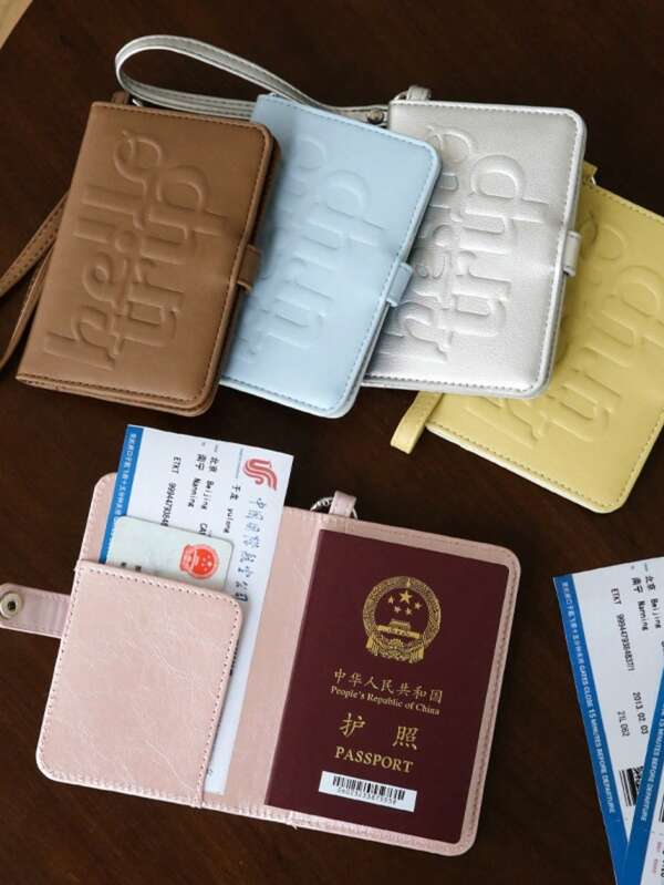PU Leather Passport Holder Letter Airplane Check-In Certificate Storage Bag Hanging Rope Ticket Holder Passport Clip Women