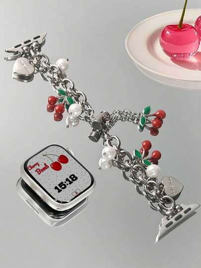 1 条 表带 表带女款 Love Cherry 吊坠银手链，兼容 38/40/41/42/44/45/46/49 毫米，适用于 Ultra3/2/1/Se/10/9/8/7/6/5/4/3/2/1，可调节伸缩拉丝设计金属表带，苹果手表配件，女士配饰，适合夏季女性，智能手表表带