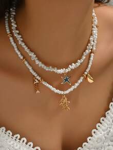 1 件优雅时尚女士夏季海洋元素波西米亚珠宝项链，金海星，小鱼，贝壳，海螺，人造珍珠镶嵌，天然贝壳 DIY 串珠，红珊瑚，树脂吊坠，陶瓷彩绘小鱼，精致多层女士项链，适合海滩、派对佩戴。 - 彩色 - 查看 8