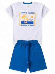 Summer Set For Boys: T-Shirt And Bermuda Shorts With Tropical Paradise Pocket - 白色 - 查看 2