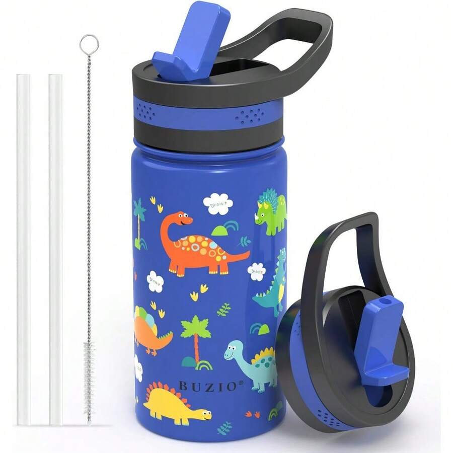 2 Pack Insulated Kids Water Bottle, 14oz Stainless Steel Water Bottles With Straw Lid, -FREE Lead-Free Double Wall Leak Proof Drink Cups Flask For School (Blue Car +Blue Dinosaur) - 藍色恐龍園 - 查看 1