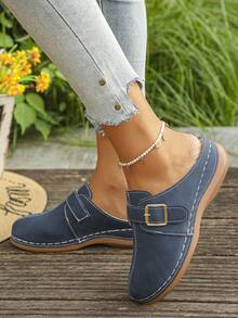 跨境贸易大码35-45夏季时尚休闲藏青色金属扣坡跟厚底罗马凉鞋，舒适户外日常穿着，厚底坡跟凉鞋女 - 藏藍色磨砂金屬方扣 - 查看 4