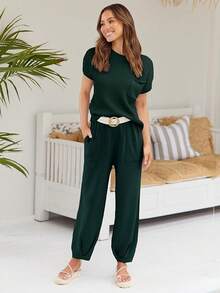 2 Piece Knit Sets Women Sweatsuit Sets - Green - View 3