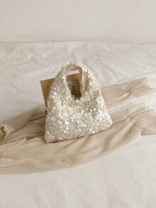 1pc High-Quality Ivory Sequin Shining Minimalist Small Handbag, Elegant Evening Clutch Bag For Women, Suitable For Date, Dance, Banquet, Party , Sequin - Beige - View 9