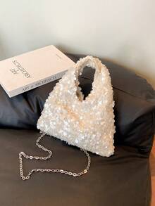 1pc High-Quality Ivory Sequin Shining Minimalist Small Handbag, Elegant Evening Clutch Bag For Women, Suitable For Date, Dance, Banquet, Party , Sequin - Beige - View 3