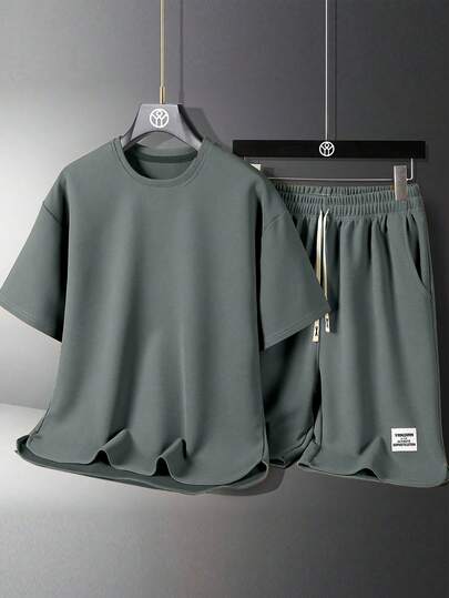 Men's Fashion Solid Color Short Sleeve T-Shirt & Shorts Set, Cozy Outfits