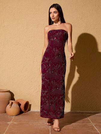 Wine Red Sequin Backless Maxi Dress With Bowknot Waist, Formal Gown